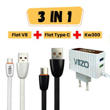 bundle 11 / flat v8 + flat type c + kw300 charger 1 VIZO Flat Fast Cable Flat Micro-USB Cable